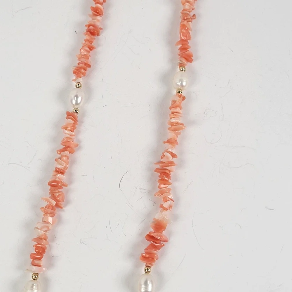Vintage Pink Coral Chip Necklace Freshwater Pearls 14K Gold Spacers 34